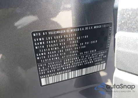 2022 Volkswagen Tiguan 2.0T Se z USA, uszkodzony, nr VIN 3VV2B7AX1NM055800